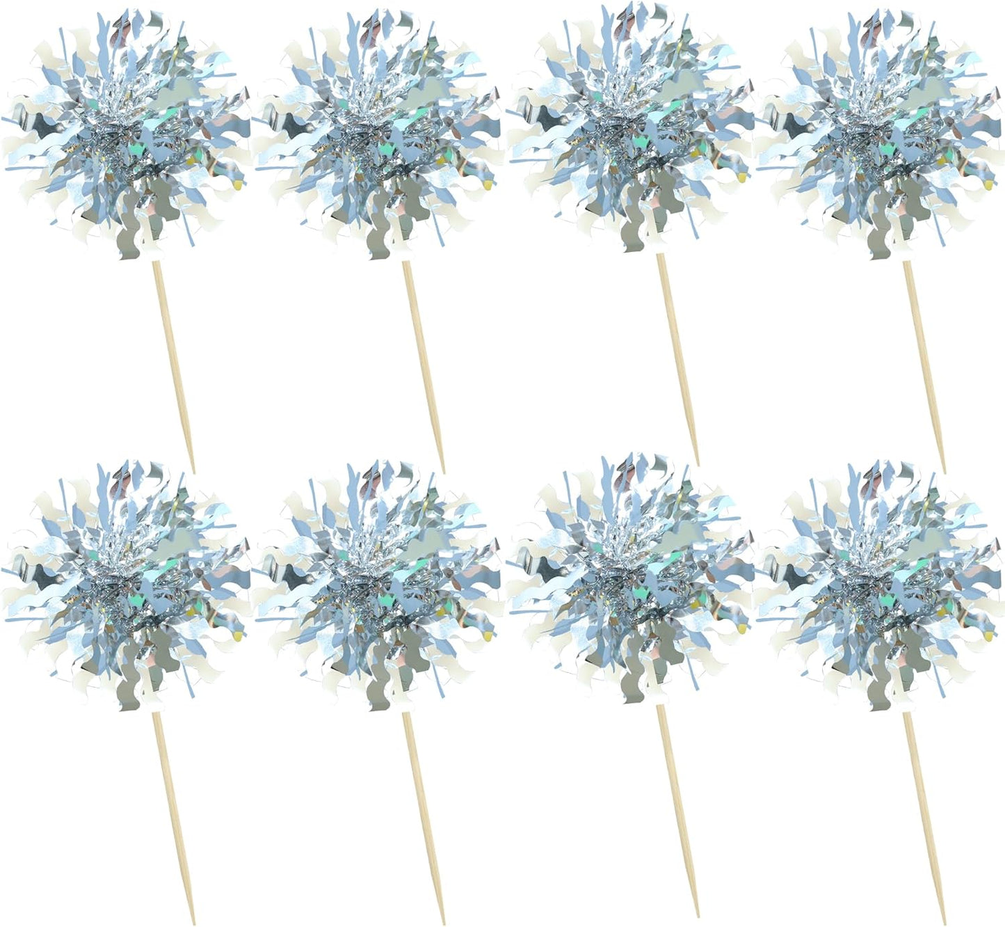 Ephlyn 30Pcs Foil Firework Cupcake Toppers Sparkle Tinsel Cupcake Picks Drink Stirrers Cocktail Food Fruit Toothpicks for Baby Shower Graduation Party Supplies White