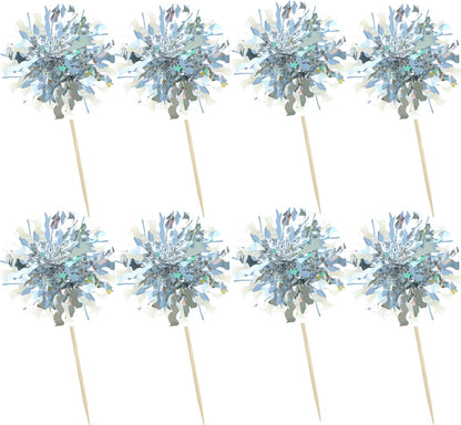 Ephlyn 30Pcs Foil Firework Cupcake Toppers Sparkle Tinsel Cupcake Picks Drink Stirrers Cocktail Food Fruit Toothpicks for Baby Shower Graduation Party Supplies White