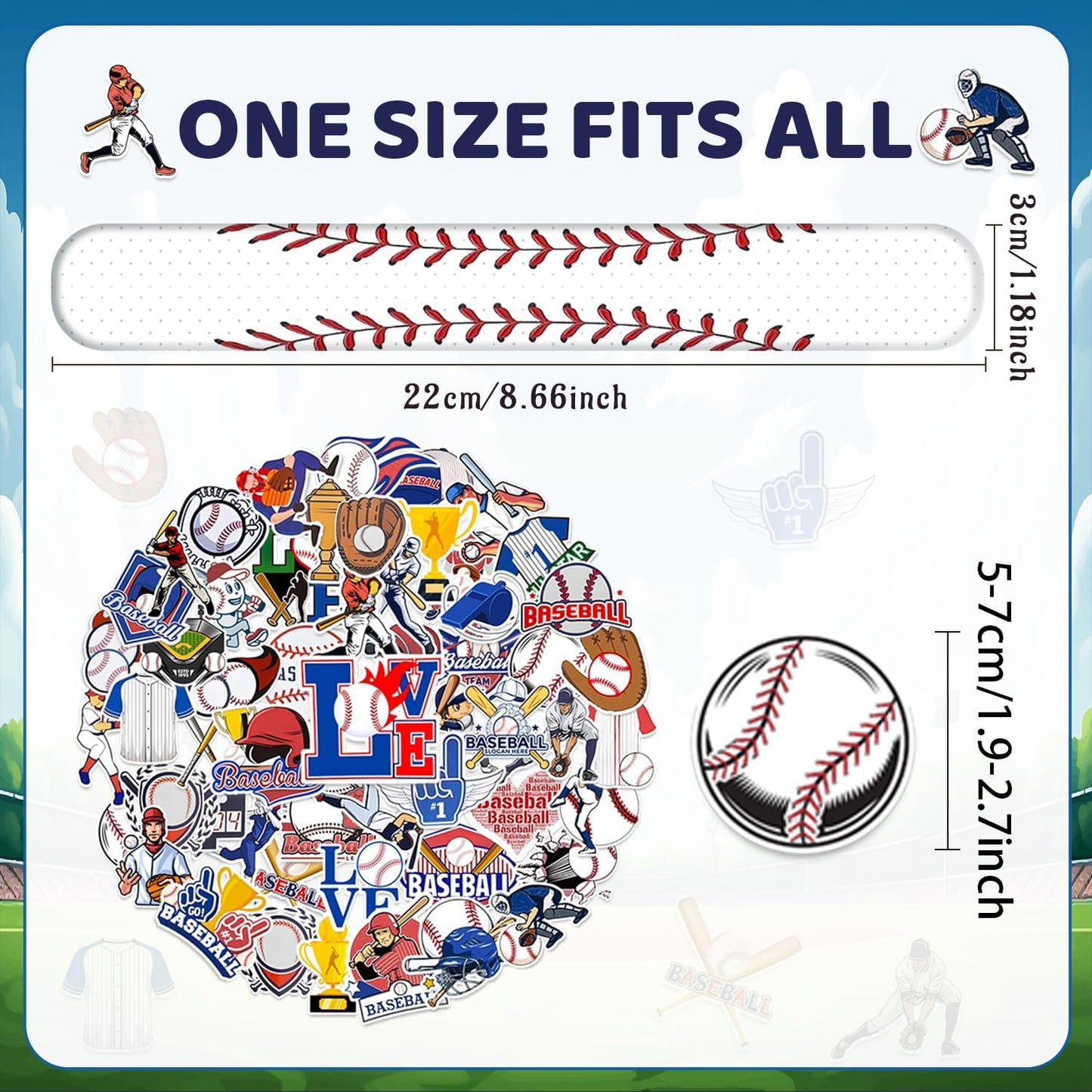 74PCS Baseball Party Favors 24PCS Baseball Slap 50PCS Baseball Stickers Bracelets Baseball Themed Party Favors Birthdays Party Decorations for Sport Game Player Kids Gifts