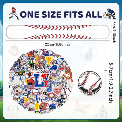 74PCS Baseball Party Favors 24PCS Baseball Slap 50PCS Baseball Stickers Bracelets Baseball Themed Party Favors Birthdays Party Decorations for Sport Game Player Kids Gifts