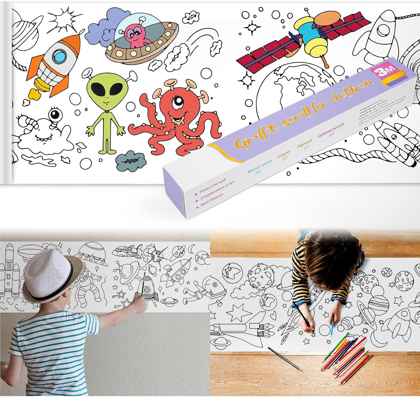 2PCS Children's Drawing Roll, Coloring Paper Roll for Kids Gift, 120 * 11.8 Inches DIY Painting Drawing Paper Roll, Sticky Drawing Paper Roll, Early Educational Toys for Kids (Animal World)