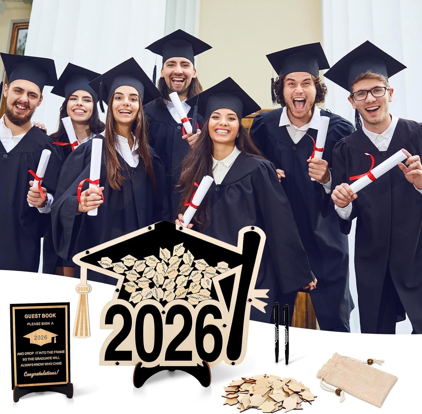 2026 Graduation Guest Book Alternative, Black Happy Graduation Party Decorations, Class of 2026 Congrats Graduates Signature Guestbook Gifts for College High School Students Friends Men Women