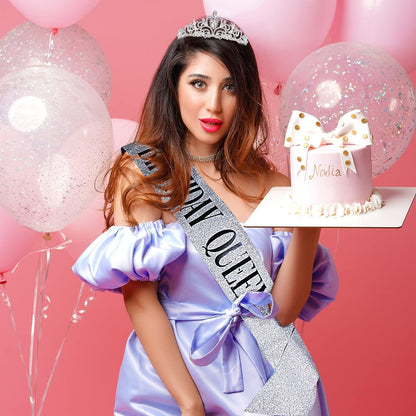 COCIDE Birthday Queen Sash & Rhinestone Tiara Set Gold Happy Birthday Crowns for Women Party Decoration Kit Rhinestone Headband for Women Glitter Crystal Hair Accessories for Cake Topper