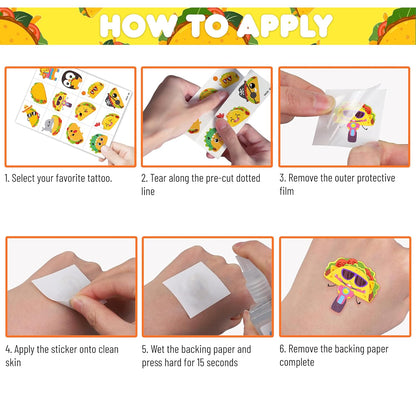 96 PCS Taco Mexican Fiesta Pre-Cut Temporary Tattoos for Kids | Cute Cinco de Mayo Themed Birthday Party Favors, Supplies, Decorations, Fake Tattoo Stickers, School Rewards Prizes & Gifts Boys Girls