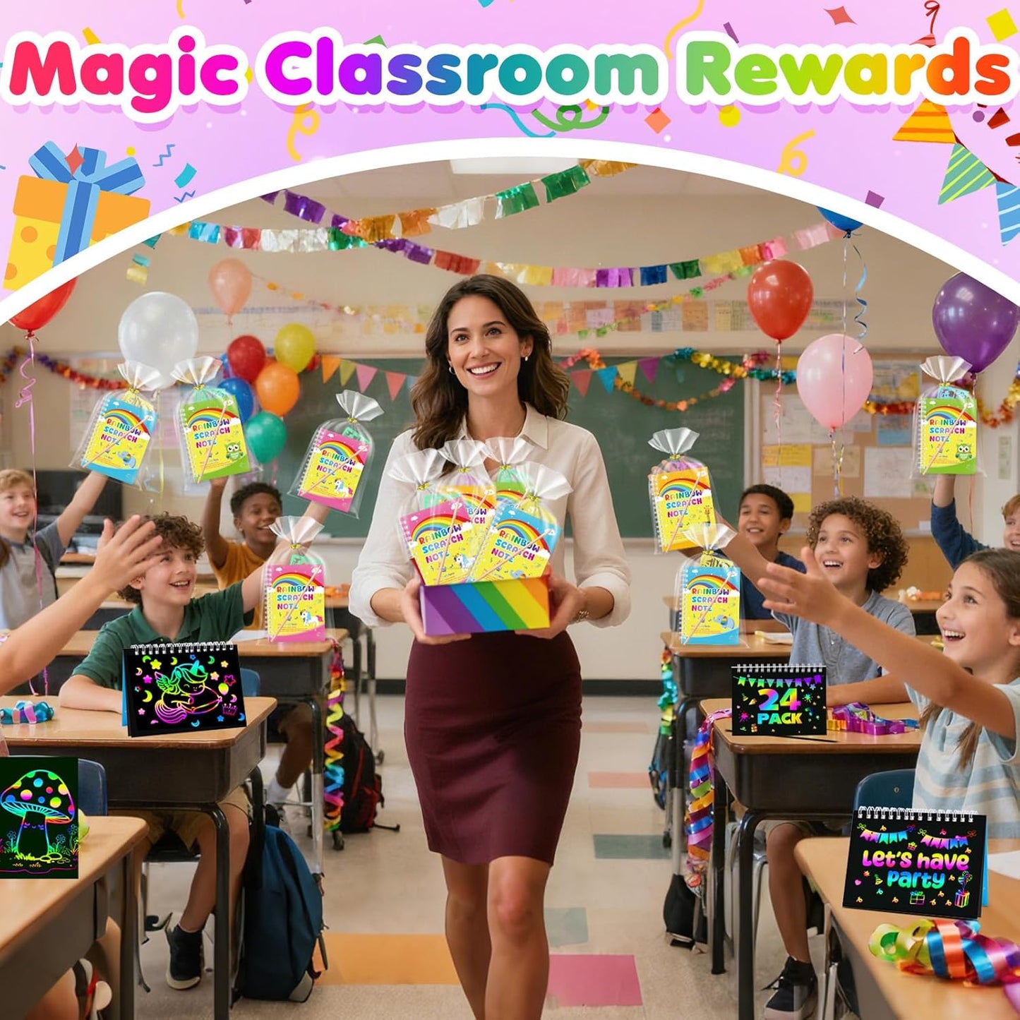 Elover Party Favors for Kids 4-8-12: 24 Pack Scratch Rainbow Art Crafts Notebook, Coloring Book Goodie Bags Stuffers Kit, Bulk Birthday Gift Classroom Prizes Girl Boy Toddler