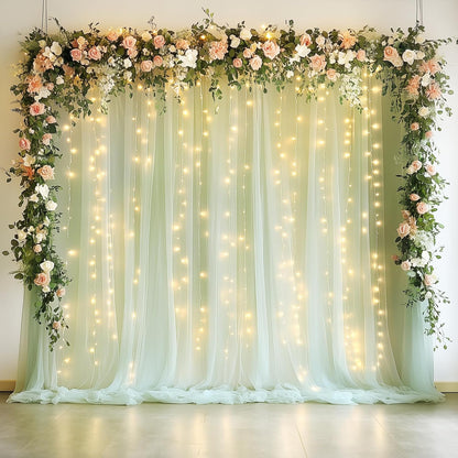 Fomcet Tulle Backdrop Curtains with Lights String White 10FT X 8FT Sheer Curtain with Lights Tulle Curtains Backdrop for Wedding Birthday Party Baby Shower Photo Shoot (2 Panels 5x8FT)