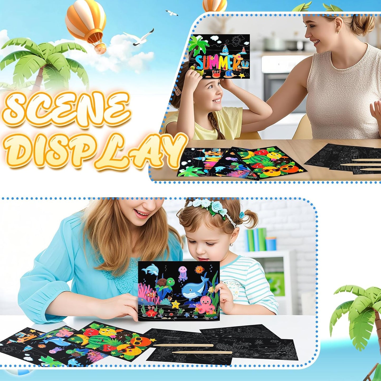 Marspark 24 Pcs Summer Crafts for Kids Bulk Color Your Own Summer Scratch Posters DIY Magic Scratch Paper Black Off Art Paper Gifts Kit Doodle Art for Home Holiday School Party Activities