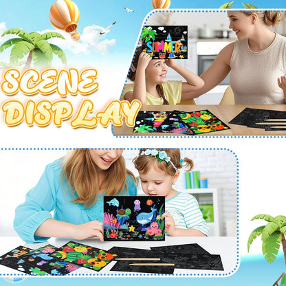 Marspark 24 Pcs Summer Crafts for Kids Bulk Color Your Own Summer Scratch Posters DIY Magic Scratch Paper Black Off Art Paper Gifts Kit Doodle Art for Home Holiday School Party Activities