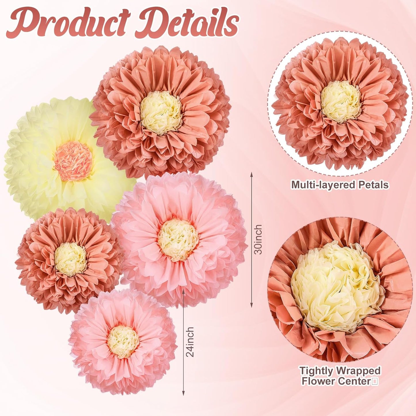 Chunful 5 Pcs 30'' 24'' Gaint Pastel Tissue Paper Flowers Decoration Large Hanging Tissue Paper Pom Poms Decor for Pastel Birthday Bachelorette Wedding Baby Shower Bridal Shower Easter Party Decor
