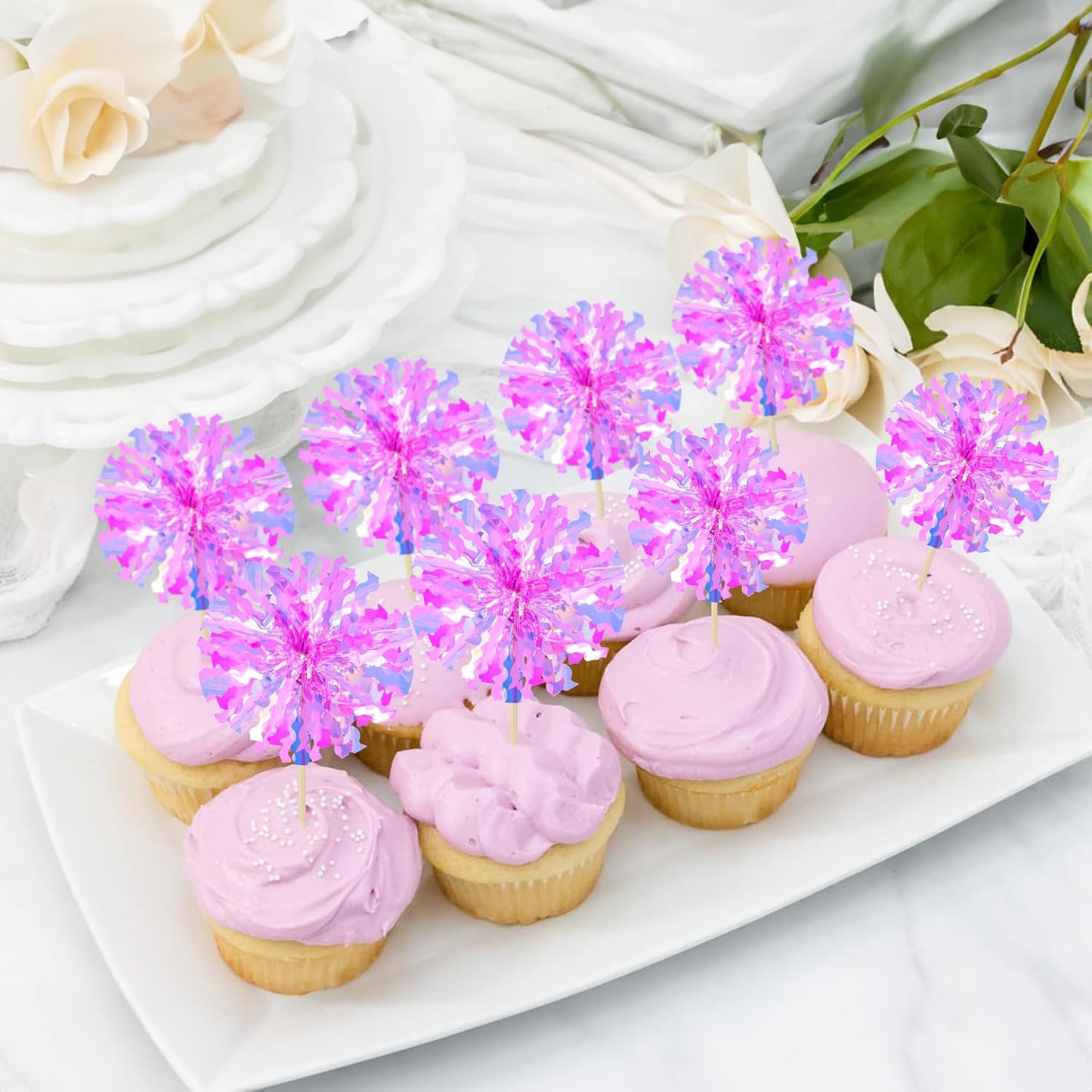 Ephlyn 30Pcs Foil Firework Cupcake Toppers Sparkle Tinsel Cupcake Picks Drink Stirrers Cocktail Food Fruit Toothpicks for Baby Shower Graduation Party Supplies White