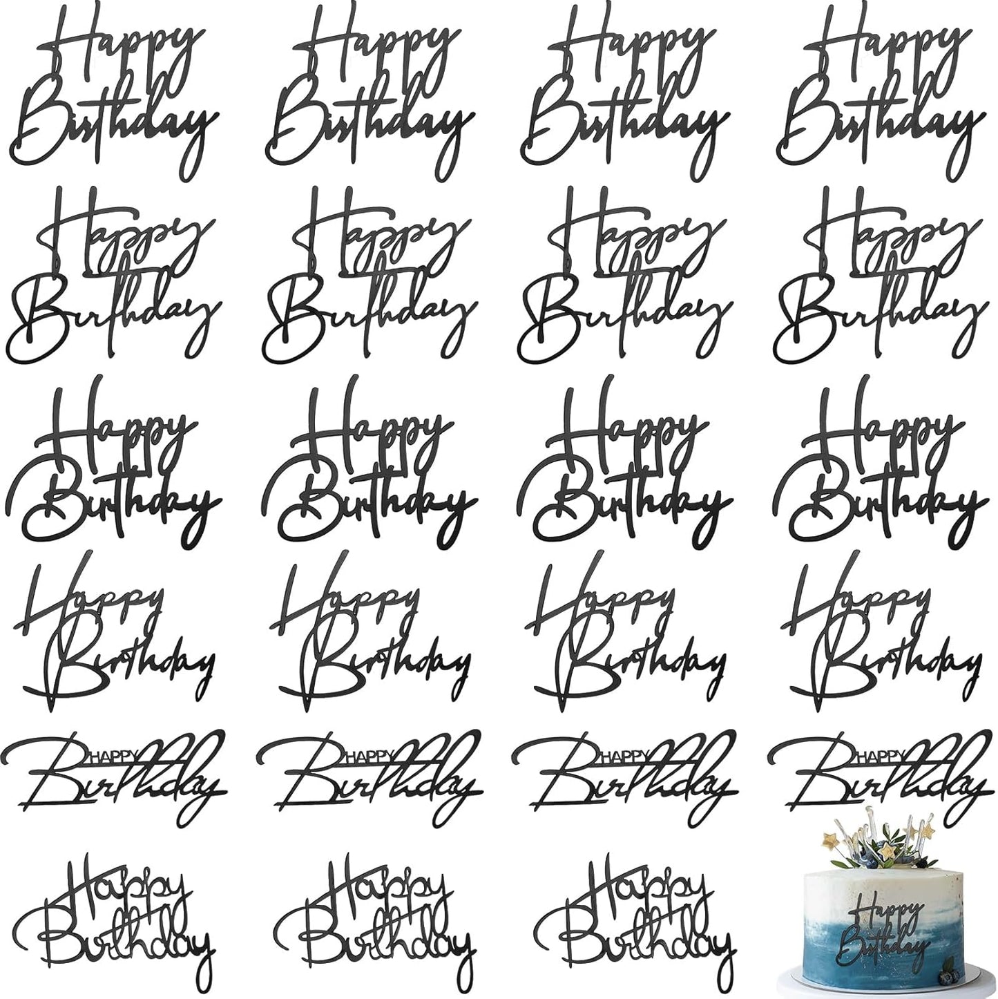Barydat 24 Pieces Gold Happy Birthday Cake Toppers Mirror Acrylic Cupcake Topper Happy Birthday Sign for Cake Side Cupcake Decorations, 6 Styles