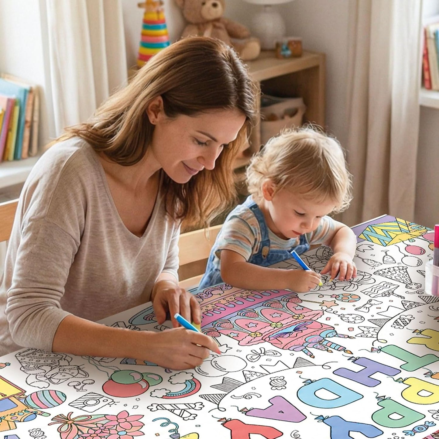 Happy Birthday Giant Coloring Poster/Tablecloth, 30 x 72 Inch Birthday Craft for Kids Art Crafts Paper Banner Kid Games Activities,Coloring Tablecloth Crafts for Classroom Wall School Home Parties