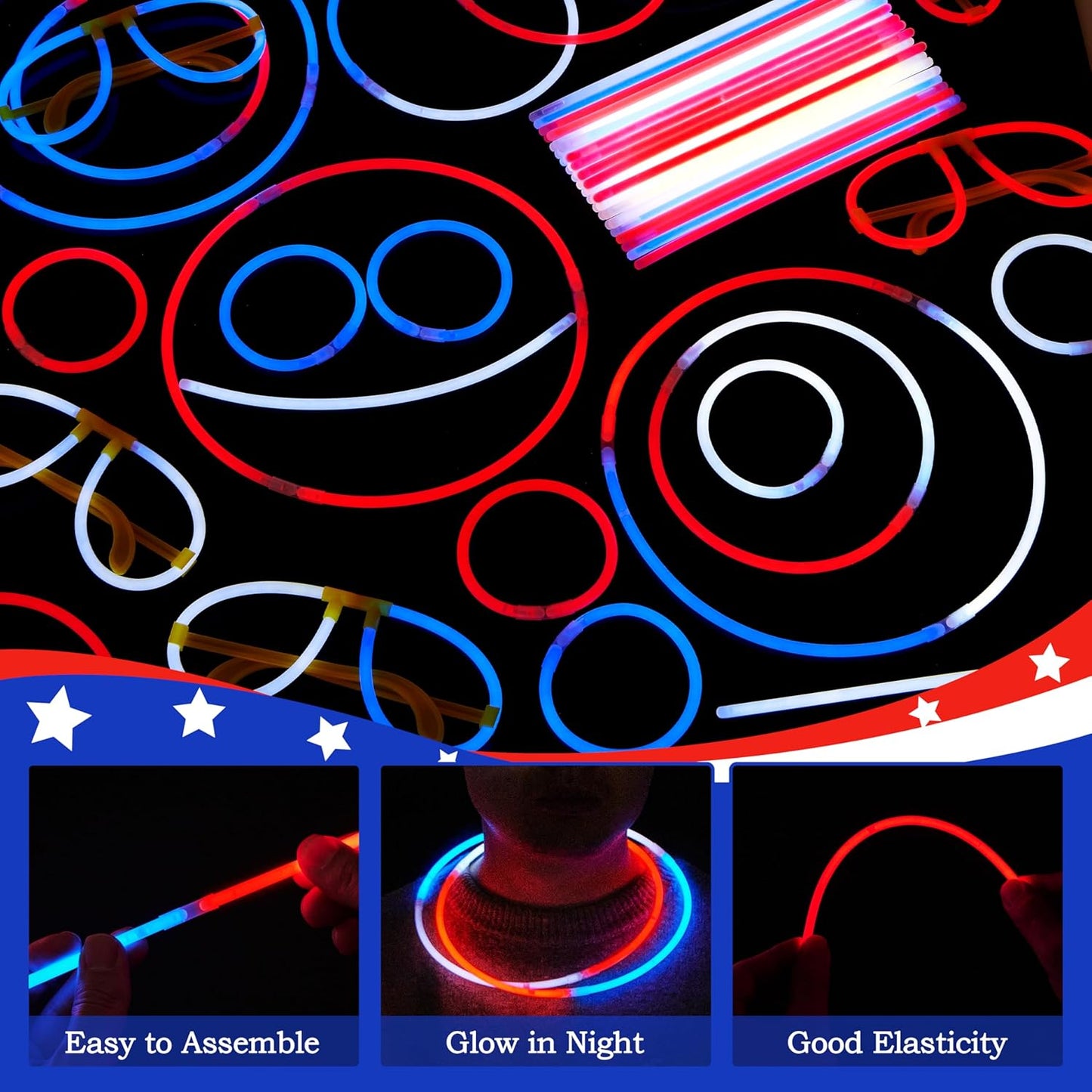 JOYIN 99 PCS 4th of July Patriotic Glow Sticks Glasses Bracelets, Kids Glow in the Dark Party Supplies, Red White and Blue Light Up Sticks LED Necklace Patriotic Accessories for Independence Day