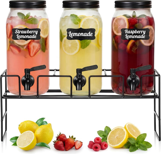 3 Pack 80 oz Glass Beverage Dispenser with Stand Clear Mason Jar Water Dispenser for Party, Fridge Includes Leakproof Stainless Steel Spigot, Black Lid and Label (Gold)
