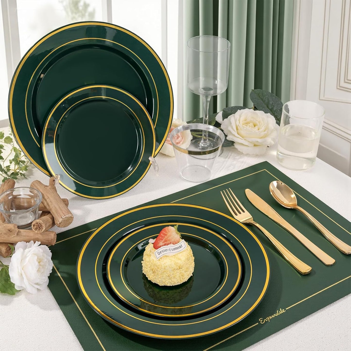 350 Pieces Black and Gold Plastic Plates with Disposable Silverware, Include 50 Dinner Plates 9”, 50 Dessert Plates 6.3”, 50 Black Cups 9 OZ, 50 Pre Rolled Napkins for Wedding Party Graduation