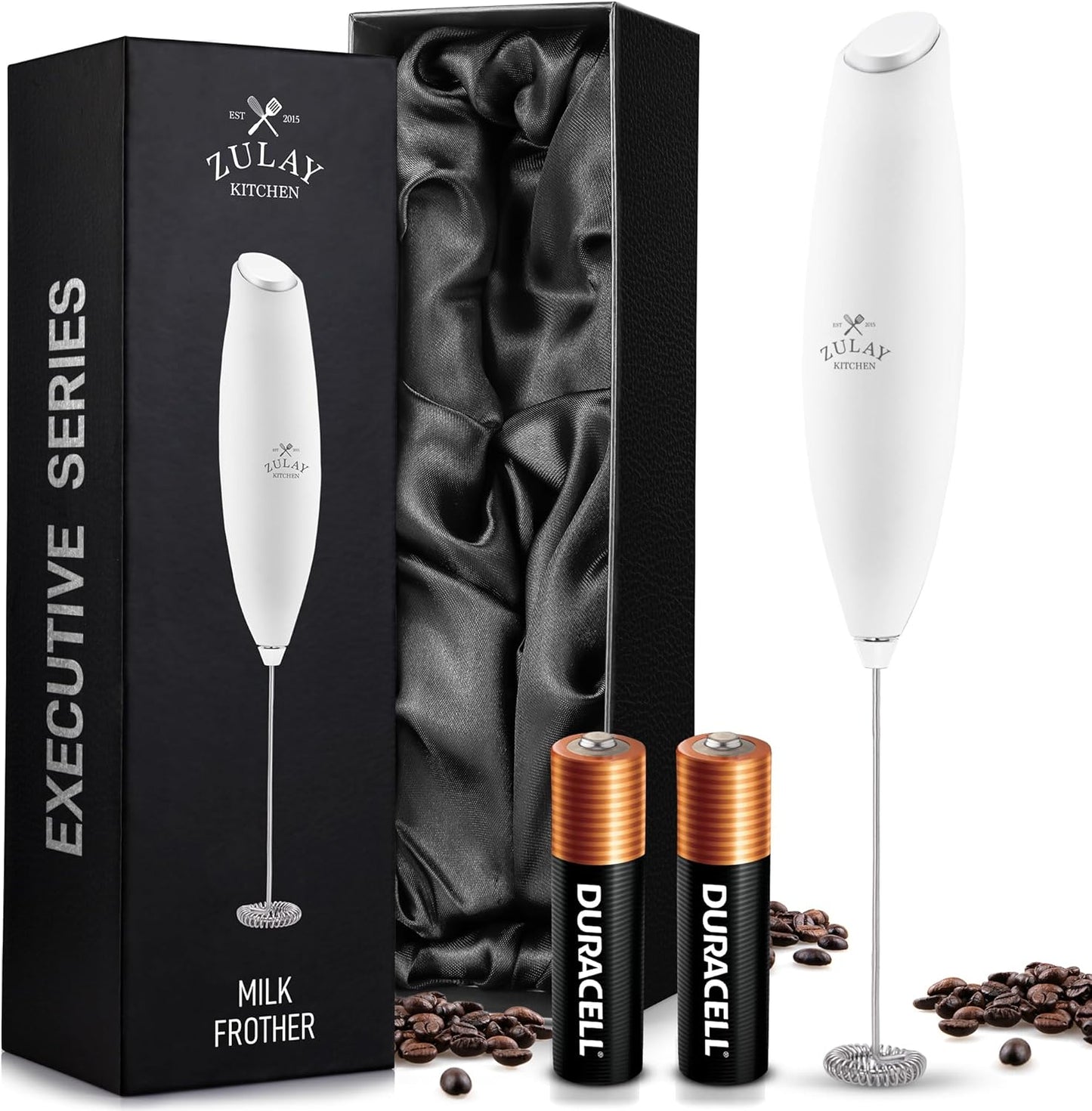 Zulay Kitchen Powerful Milk Frother AA Batteries Included – Ultra Fast Handheld Drink Mixer with Stainless Steel Whisk Stirrer for Coffee, Protein, Matcha & More, Frother Wand Electric Frothmate Black - Colors E