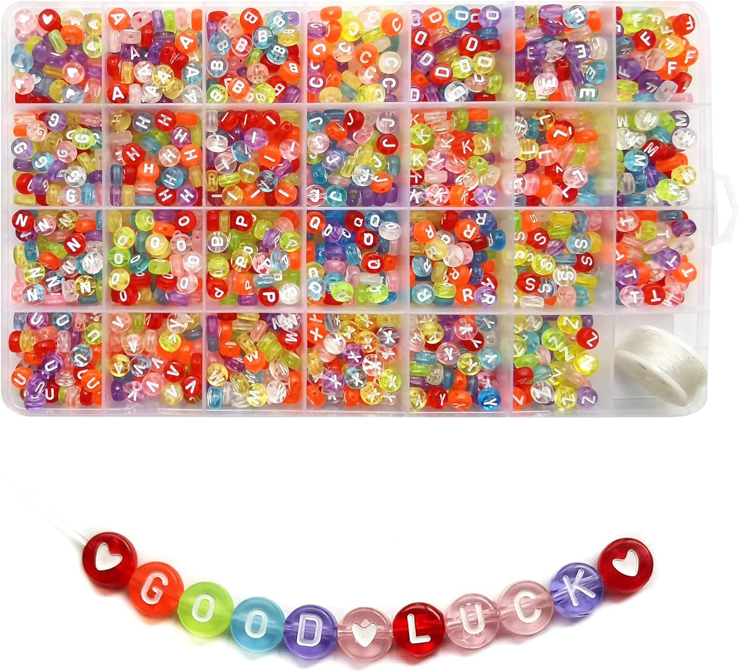 Amaney 1400pcs Glow Letter Beads, Heart Beads Whit Elastic Beading Cord,4x7mm Round Acrylic Alphabet Beads for Friend Bracelet Jewelry Making