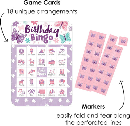 Big Dot of Happiness Beautiful Butterfly - Picture Bingo Cards and Markers - Floral Birthday Party Shaped Bingo Game - Set of 18