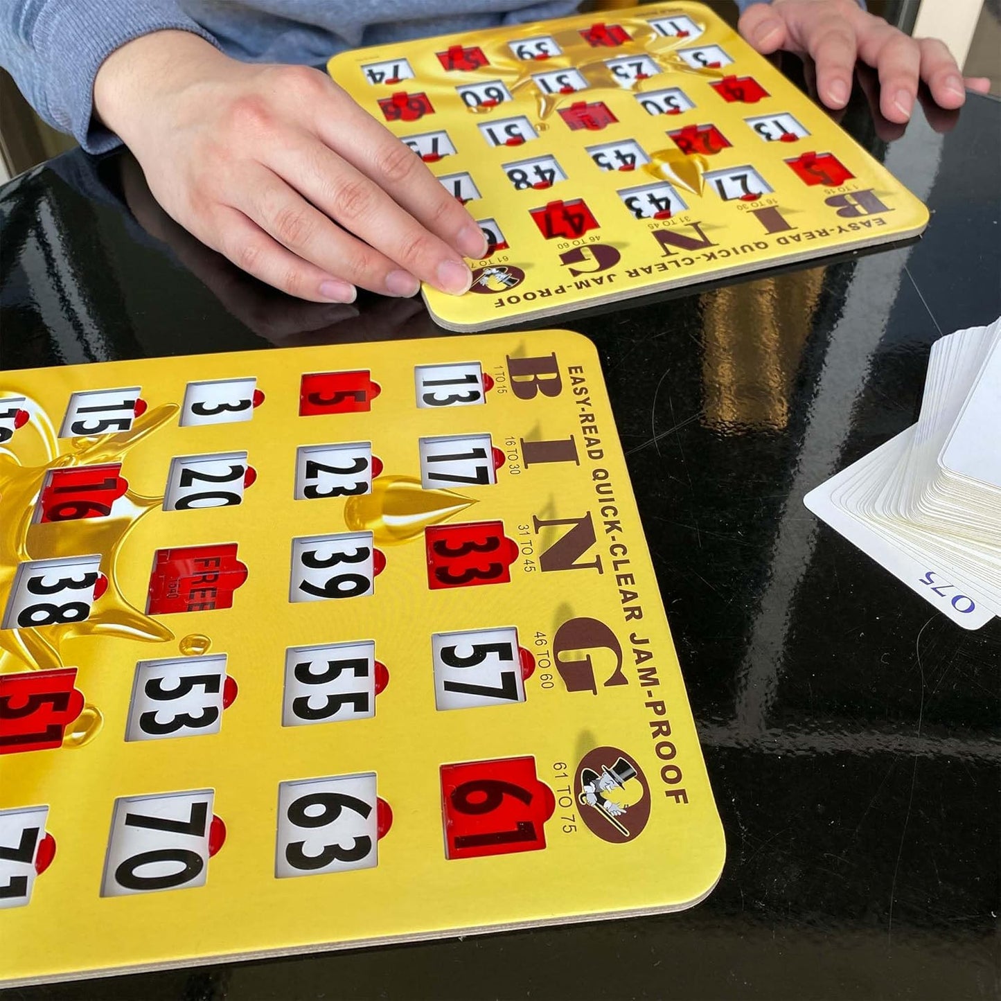MR CHIPS Jam-Proof Bingo Cards with Sliding Windows, 25 Reusable Shutter Cards, 75 Calling Cards 1 Master Board in Tan Woodgrain Style