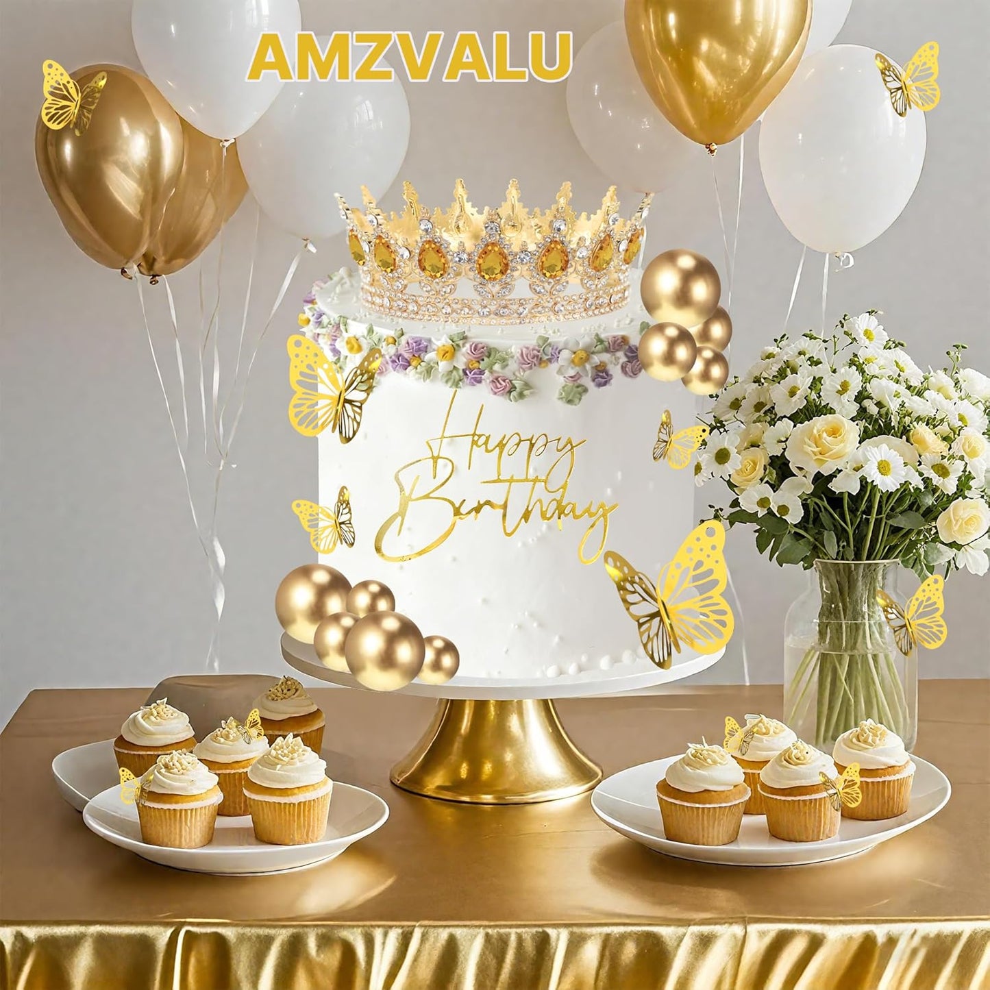 Crown Cake Topper, Balls Happy Birthday Cake Topper Pink Crown Birthday Candles Gold Butterflies, Corona Para Pastel, Cake Decorations for Birthday Wedding (Gold, Pink)