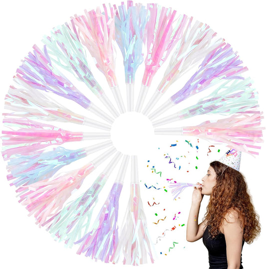 24 Pcs Party Blowers, Noise Makers Glitter Metallic Fringed Blowout Horns for Birthday New Years Graduation Sporting Events Party Favor Supplies (Mermaid Themed)