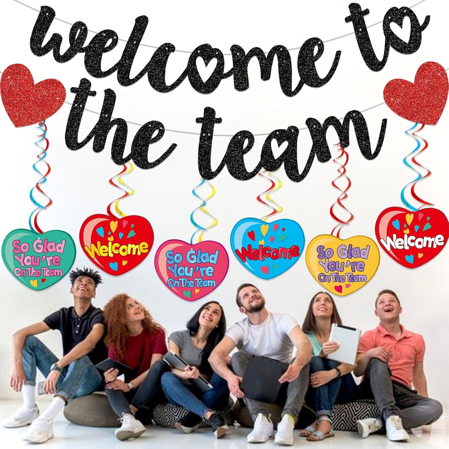 Gold Glitter Welcome To The Team Banner and Hanging Swirls, Welcome Banner, Welcome Sign, Welcome Decorations for New Employee Coworker Teacher Colleague Staff Team Member Office Party