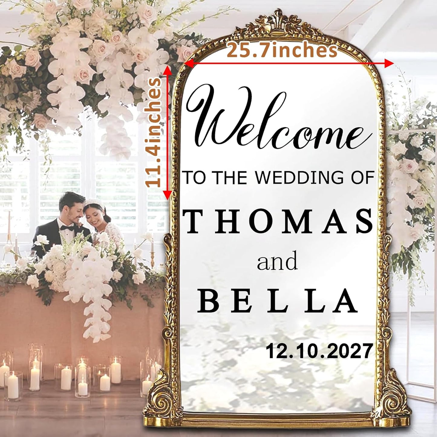 Custom Name Welcome to Our Wedding Signs Personalized Wedding Mirror Decals Selfie Mirror Decal for Wedding Entry Reception Display Golden Date Marriage DIY Vinyl Lettering Welcome Party Decoration