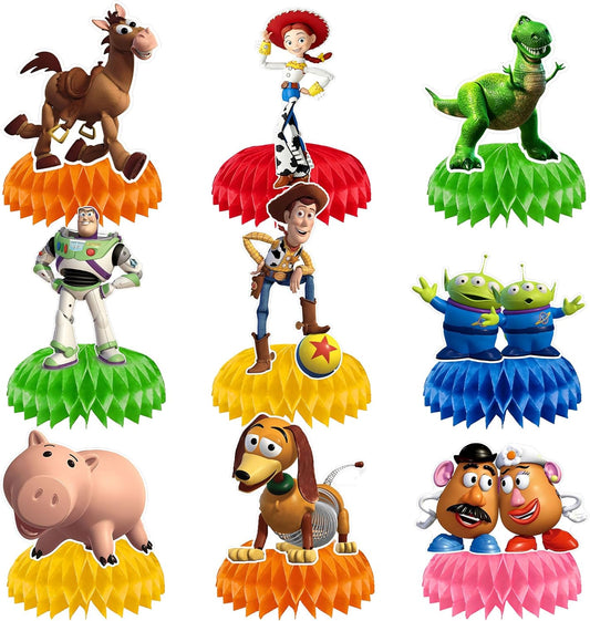 9Pcs Toy Honeycomb Centerpieces, Cartoon Movie Theme Birthday Party Supplies, Double-Sided 3D Table Decorations & Favors for Kids