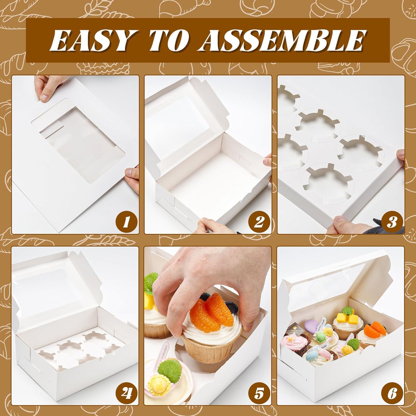 NPLUX 15 Pack Cupcake Boxes with Inserts 6 Holders, White Standard Bakery Boxes with Window Food Grade Cupcake Containers 6 Count for Muffins