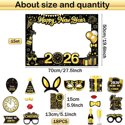 New Years Eve Party Supplies 2026, New Years Photo Booth Props 2026 Huge Selfie Picture Frame New Year Hats Party Squawkers Party Blower Happy New Year's Decorations Latex Balloons
