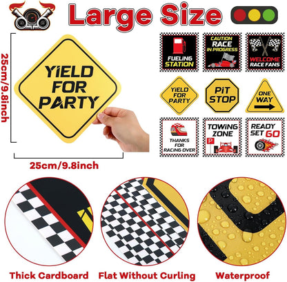 Race Car Birthday Party Banner Checkered Flags 9 Cars Party Signs for Car Birthday Party Decoration Set Racing Fans Welcome Porch Sign for Boys Let's Go Racing Party Supplies for Kids Race Fans