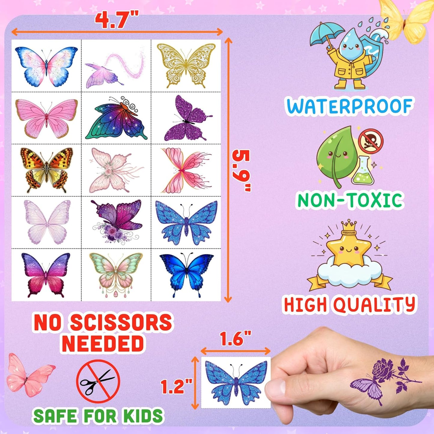 Glitter Butterfly Temporary Tattoos | Butterfly Themed Birthday Party Decorations Party Favors Supplies Accessories Stickers Gift Idea For Kids Boy Girl Teen Adult 60Pcs 4 Sheets Pre-cut
