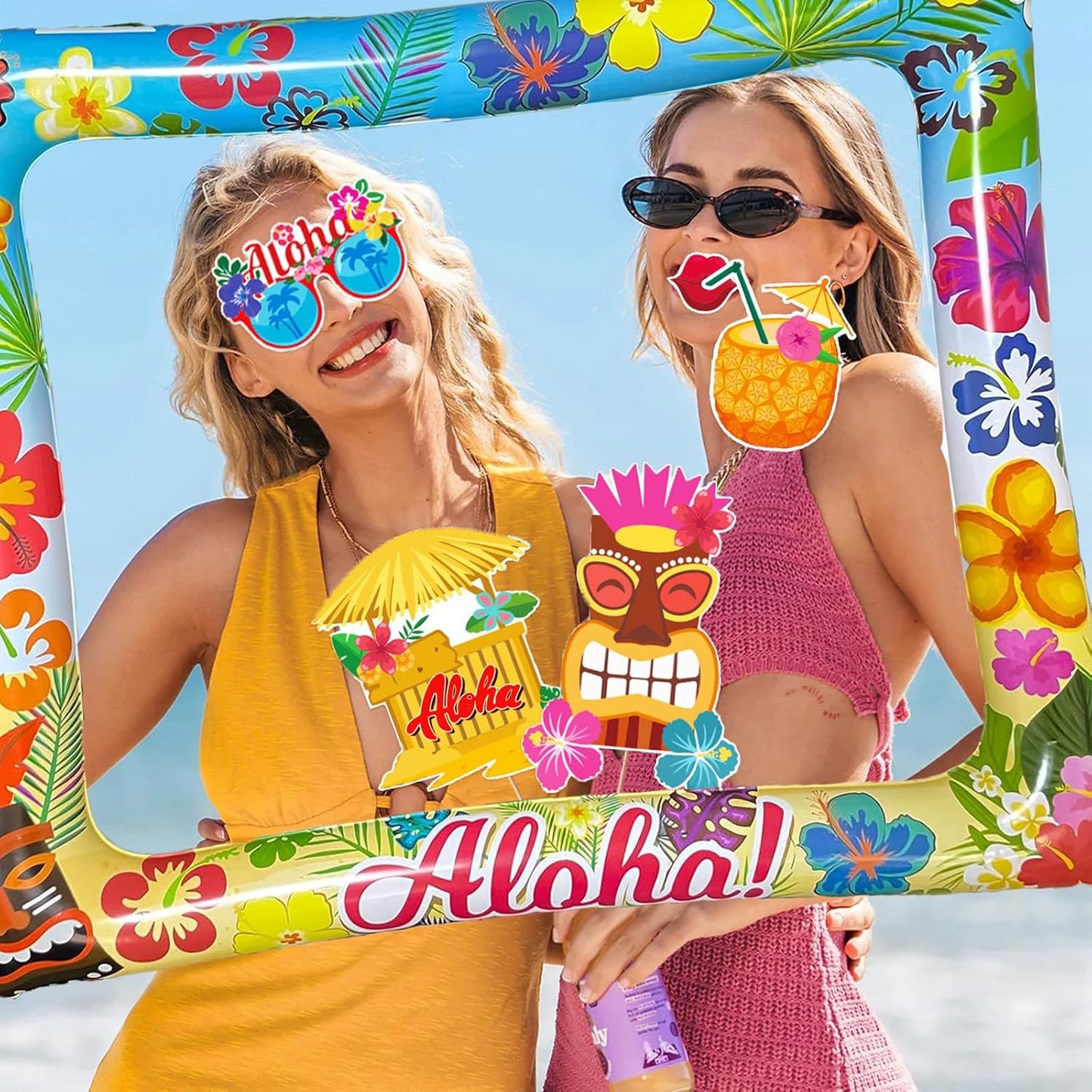 Hawaiian Party Photo Booth Props Kit, 30 PCS Luau Photo Booth Props with Large Inflatable Selfie Picture Frame for Hawaiian Tropical Tiki Summer Pool Party Supplies