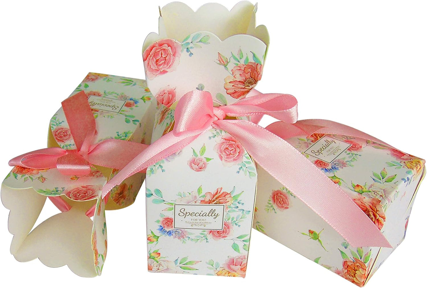 Lontenrea 50 Pcs Floral Pattern Candy Boxes Wedding Birthday Party Favor Gift Box with 50pcs Light Pink Ribbon