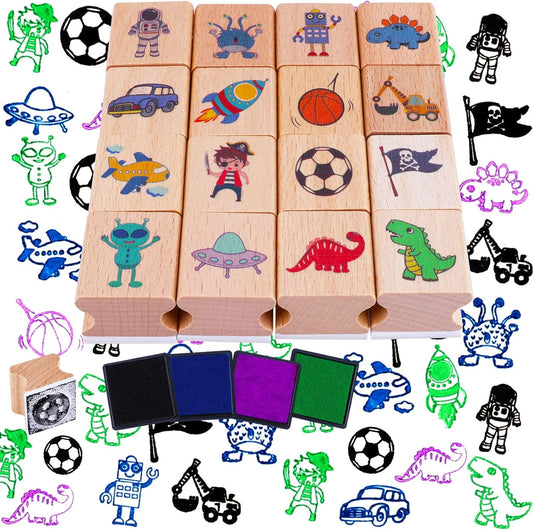 HOWAF 16pcs Wooden Stamps for Kids Girls Crafts with Ink Pad 4pcs, Stamp Unicorn Mermaid Princess Heart Butterfly Stamps for Girls DIY Scrapbook Card Making, Girl Party Favor Gift Bag Fillers