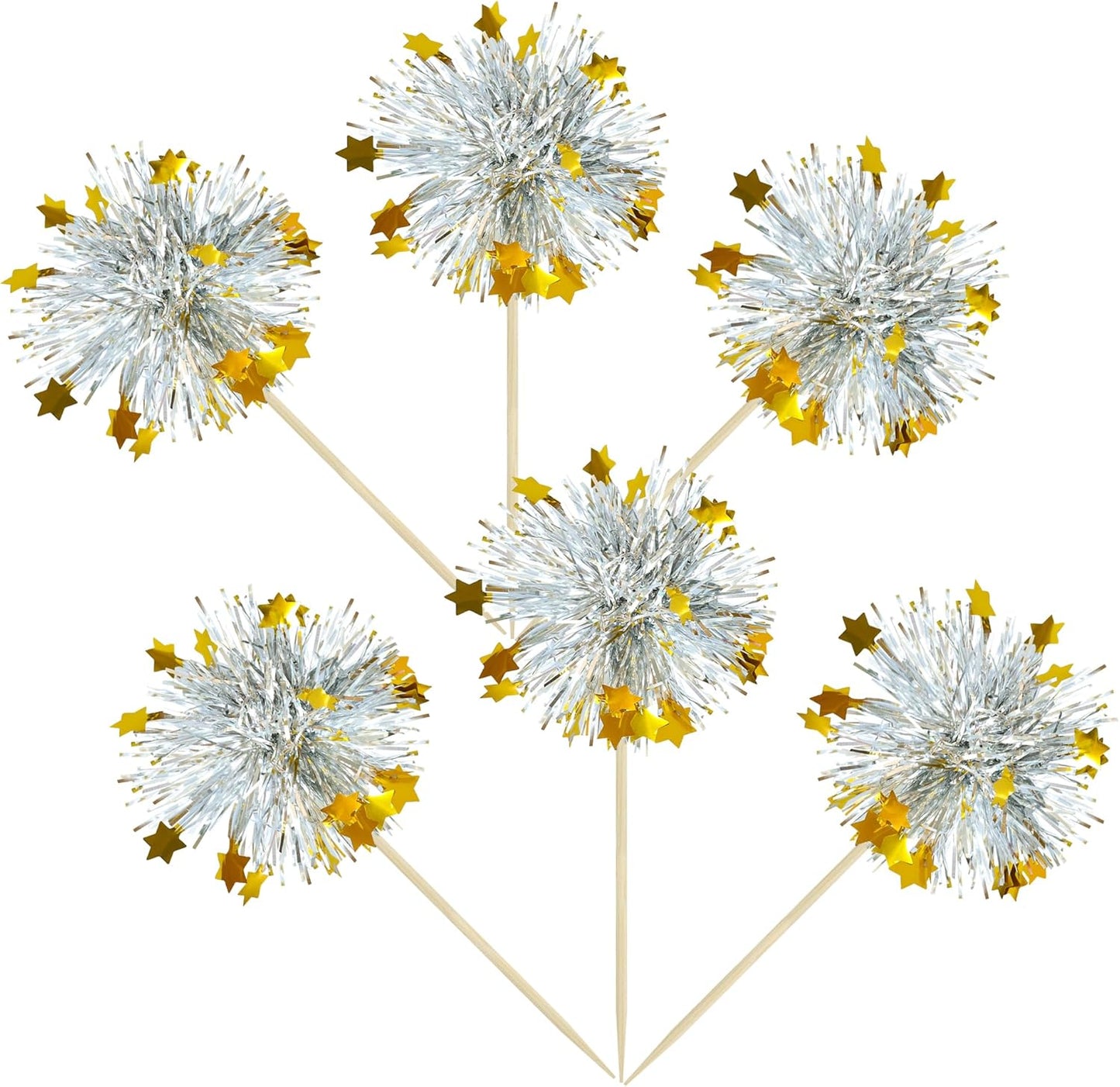 Ephlyn 30Pcs Foil Firework Cupcake Toppers Sparkle Tinsel Cupcake Picks Drink Stirrers Cocktail Food Fruit Toothpicks for Baby Shower Graduation Party Supplies White