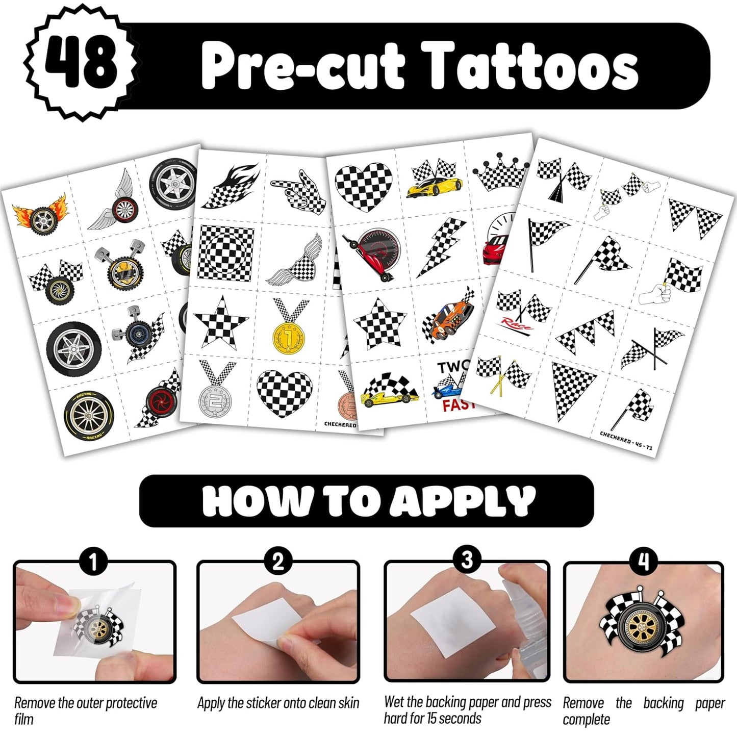72PCS Checkered Flag Party Set - 48PCS Temporary Tattoos & 24PCS Slap Bracelets - Racing-Themed Birthday Supplies, Baby Shower Gifts, Classroom Rewards & Party Decor