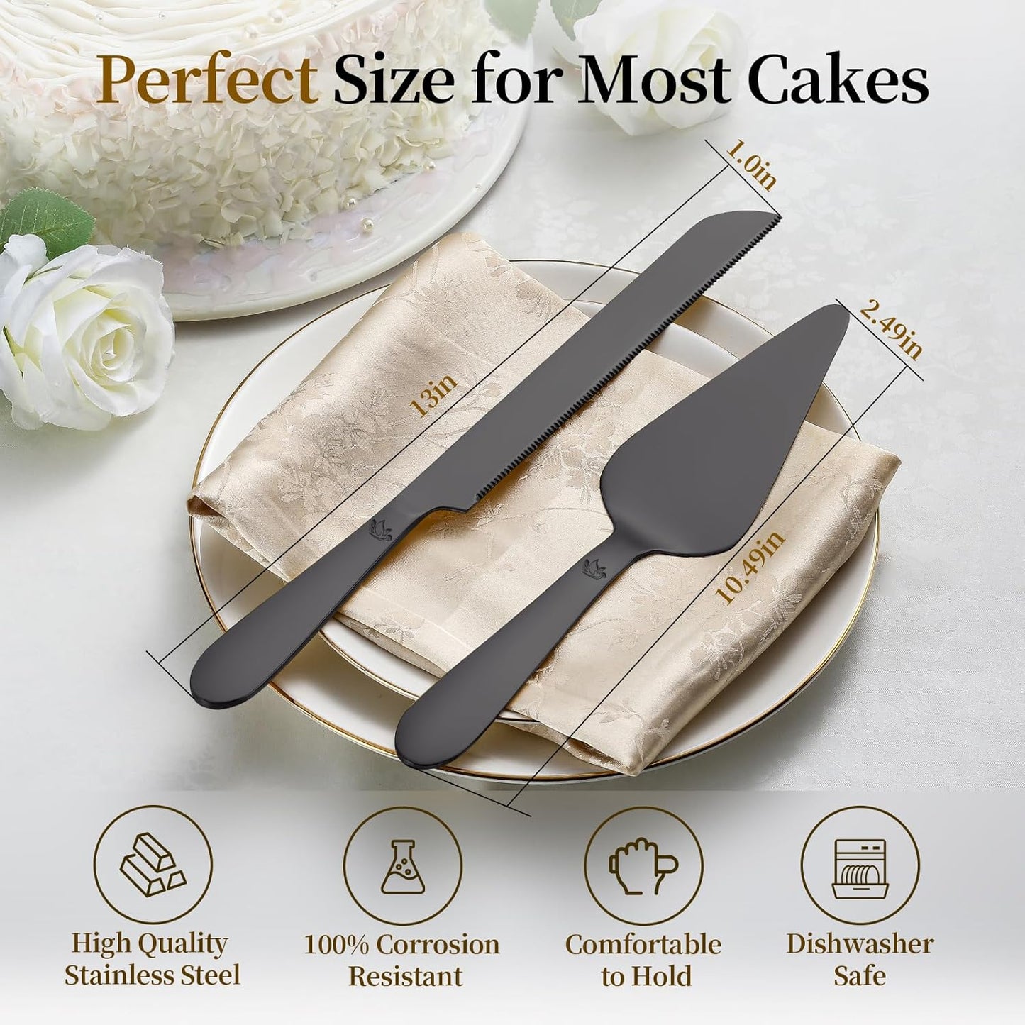 Cake Cutting Set for Wedding - Extended Cake Knife and Server Set Thickened Stainless Steel 13.0" Cake Cutter 10.49" Pie Spatula Great for Birthday Anniversary Christmas Gift 2 Pcs Silver