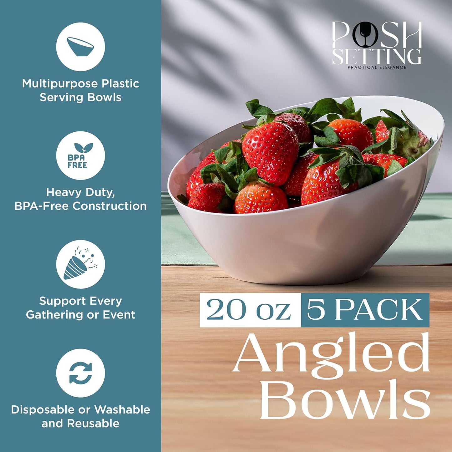 Posh Setting Crystal Clear, Disposable Premium Hard Plastic Medium Angled Bowl, Party, Salad, Snack and Fruit Bowl 5 Pack