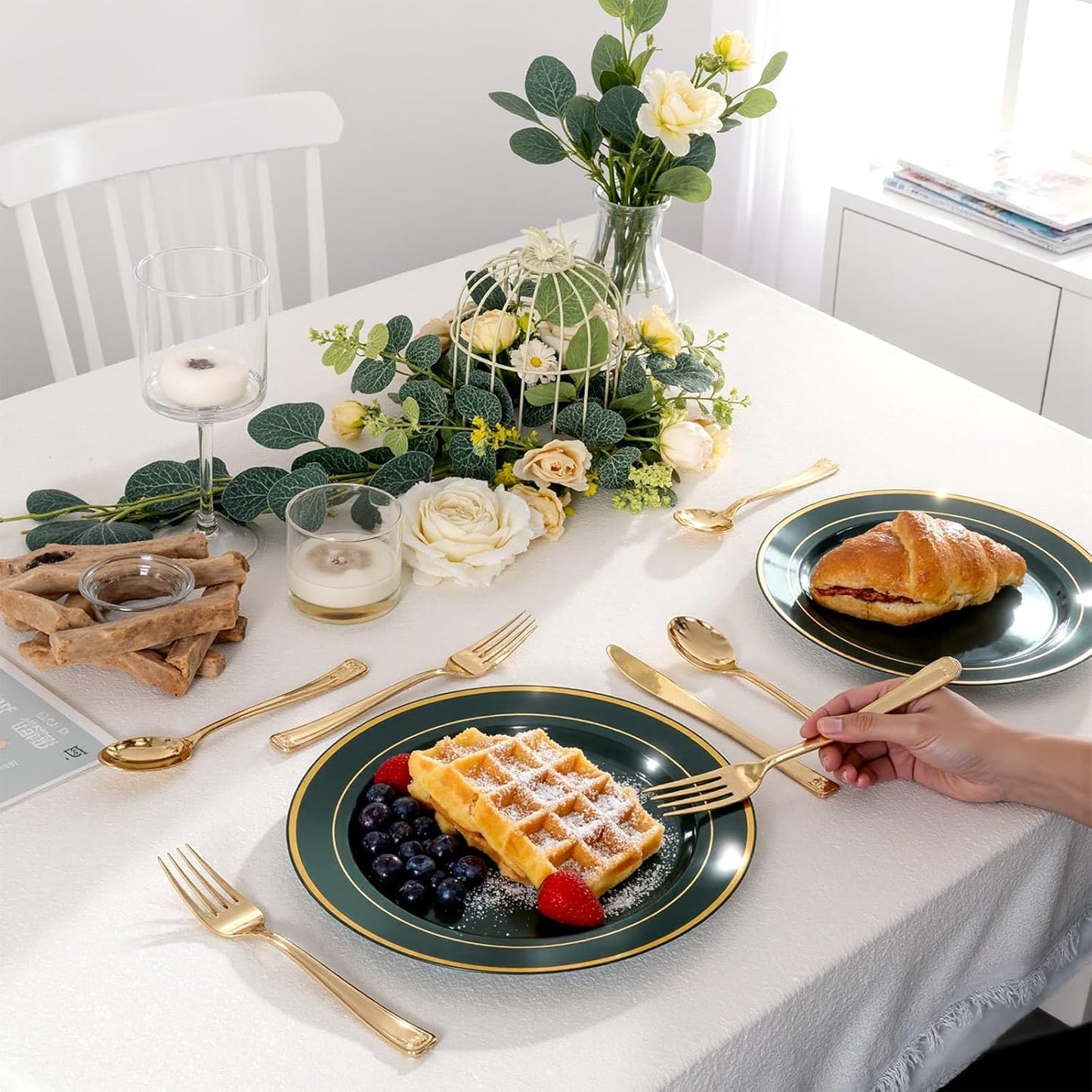 350 Pieces Black and Gold Plastic Plates with Disposable Silverware, Include 50 Dinner Plates 9”, 50 Dessert Plates 6.3”, 50 Black Cups 9 OZ, 50 Pre Rolled Napkins for Wedding Party Graduation