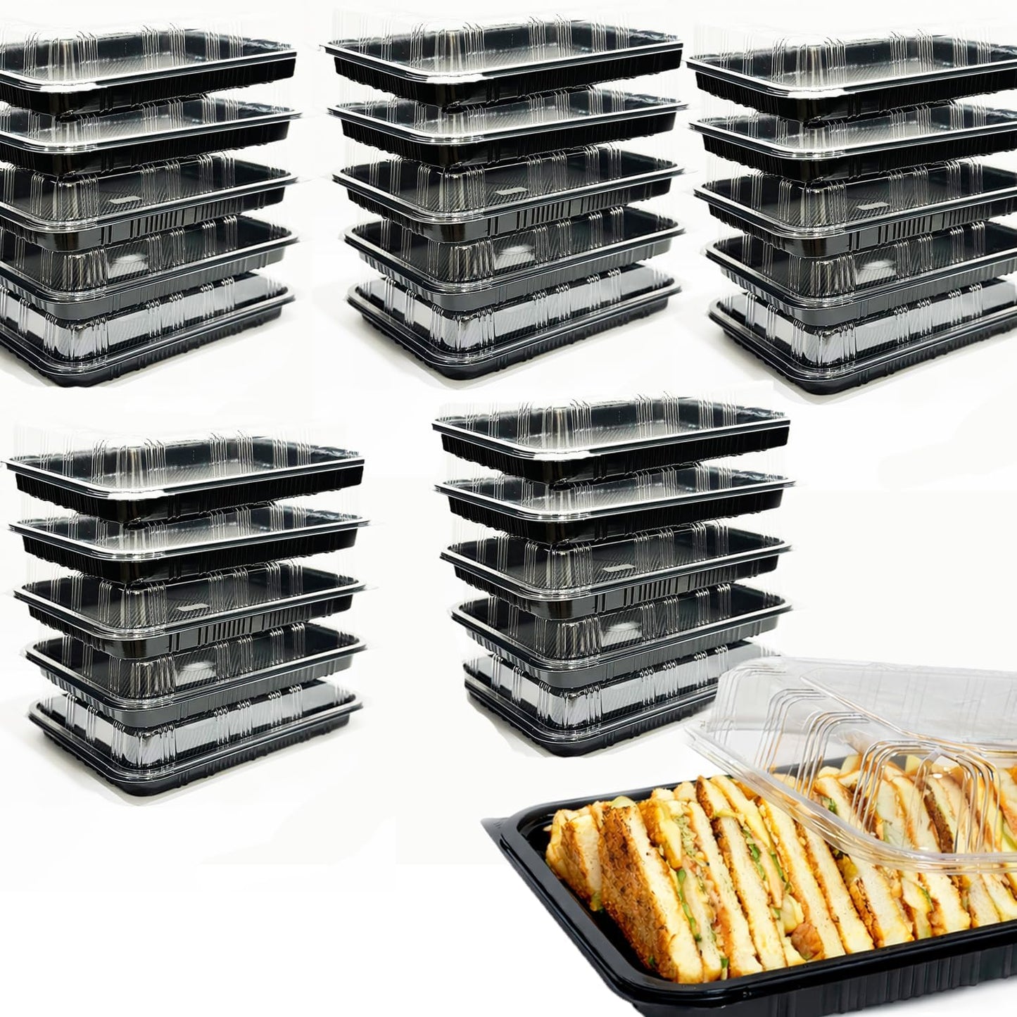 TRAYA Pack of 6 Serving Tray with lid - Reusable Catering Trays with Lids 13'' Long for Meal Prep, Cakes, Treats and Sandwiches (13.39 × 9.84 × 2.95 inch)