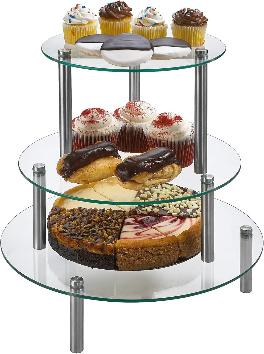 3 Tier Round Tempered Glass Display Stand 9, 11, 13” for Cake, Cupcakes, Desserts, Bakery, Appetizers – Set of 3 Glass Retail Display Raiser. (Clear)