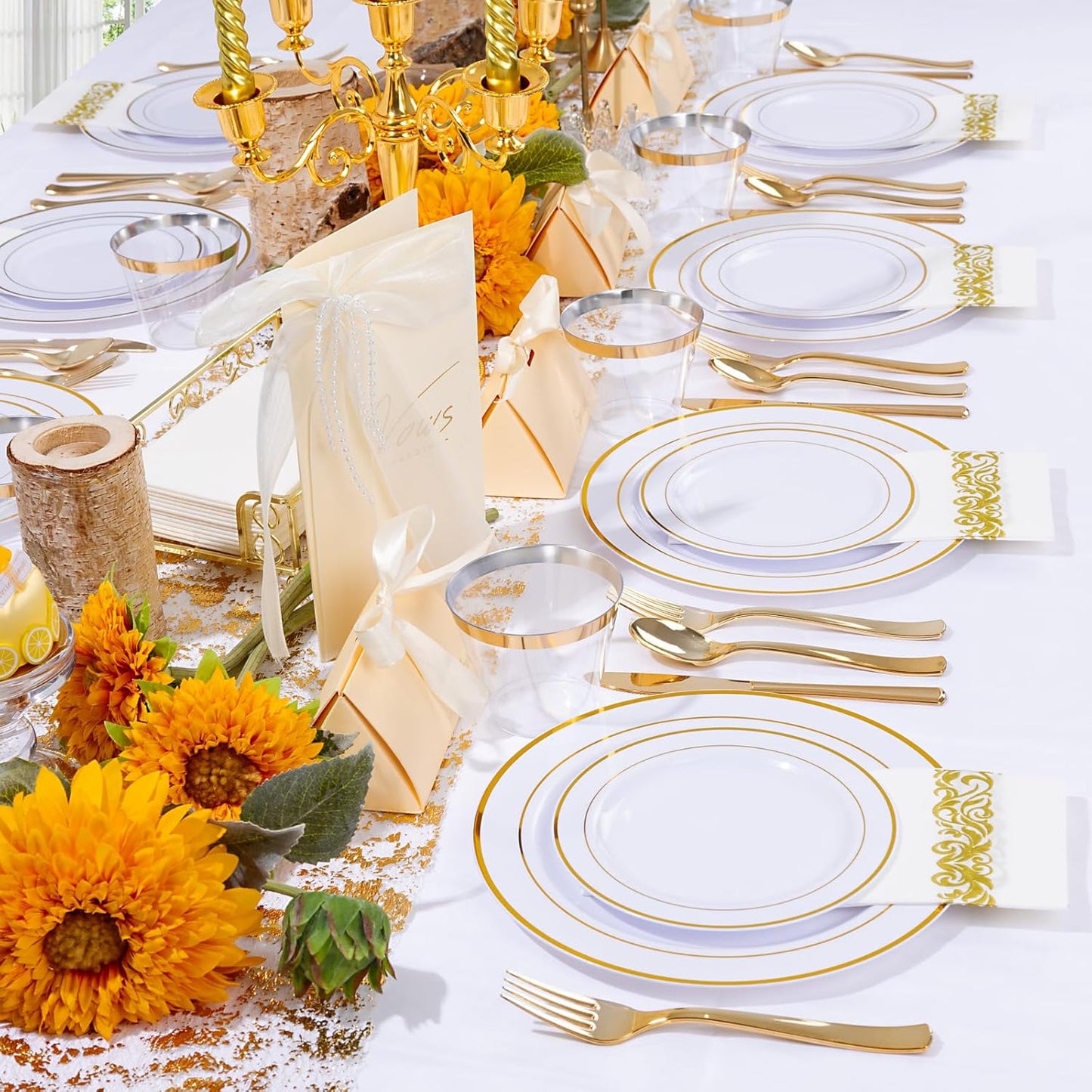 WELLIFE 350-Piece Gold Disposable Plates and Cutlery Set - Premium 10.25" Dinner Plates, 7.5" Dessert Plates, 9oz Cups & Cutlery for Weddings, Catering Events - 50 Guest Service - Elegant & Sturdy
