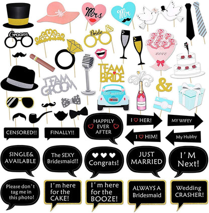 Kotbs 52pcs Wedding Photo Booth Props, Bachelorette Party Photo Booth Prop Kit for Bridal Shower, Engagement and Valentines Party, Photobooth Props Wedding Party Supplies