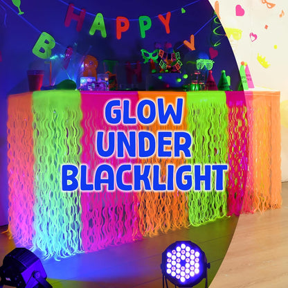 Mega-L Glow in The Dark Party Supplies, 2 Pack Neon Party Decorations Fluorescent Macaron Orange, Yellow and Fuchsia Wavy Metallic Tinsel Foil Fringe Table Skirts, Perfect Glow Birthday Party Decor