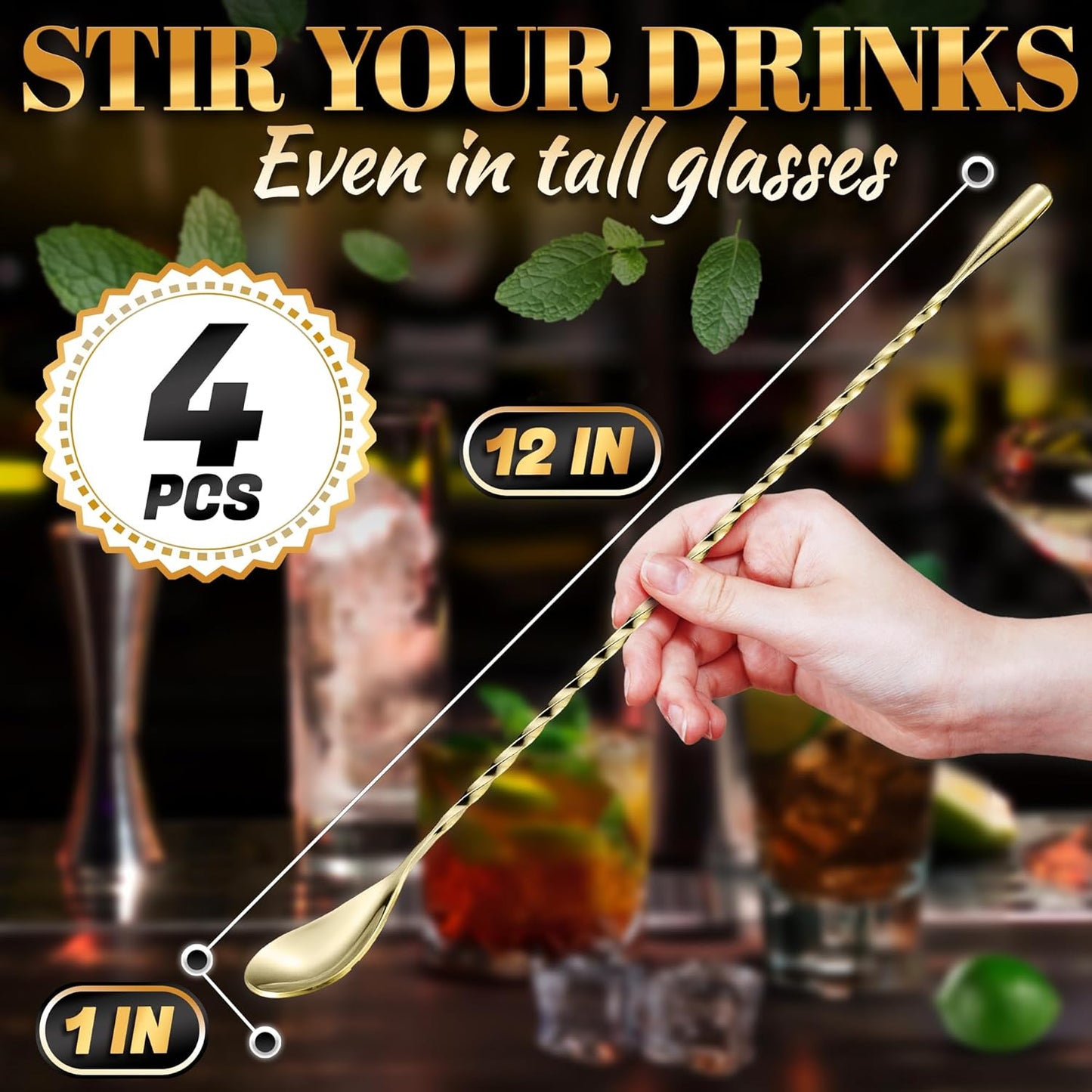 4 Pcs Bar Spoon Cocktail Mixing – Stirs Deep Glasses All the Way to the Bottom, Even Mixing & Easy Drink Layering – 12'' Long Balanced Stainless Steel Cocktail Stirrers for Drinks with Twisted Handle