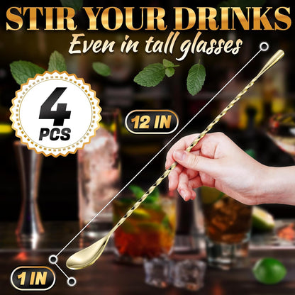 4 Pcs Bar Spoon Cocktail Mixing – Stirs Deep Glasses All the Way to the Bottom, Even Mixing & Easy Drink Layering – 12'' Long Balanced Stainless Steel Cocktail Stirrers for Drinks with Twisted Handle