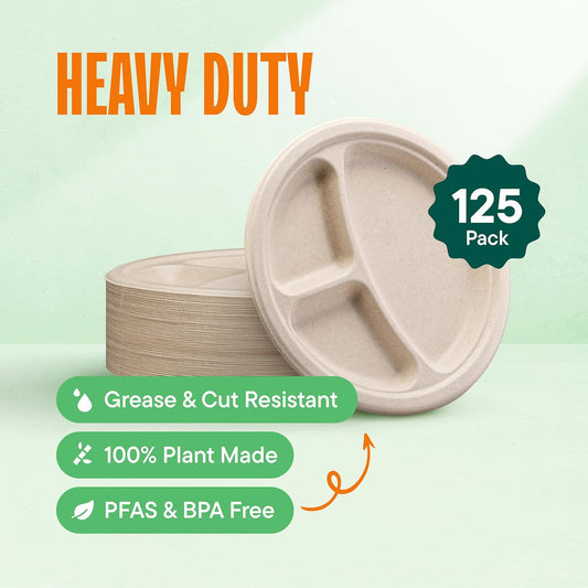 100% Compostable Paper Plates, Heavy Duty Disposable Plates [125-Pack] 9 Inch Plates - Eco-Friendly, Biodegradable Sugarcane Bagasse, Natural Unbleached Brown 9" Dinner Paper Plate Disposable