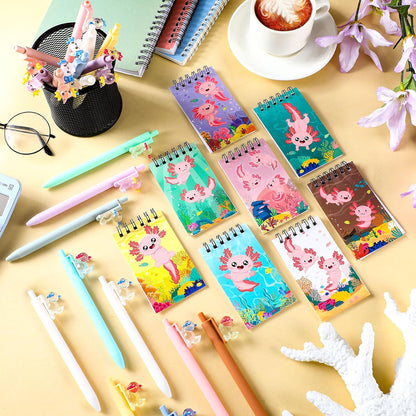 AmazingSpark 48 Pcs Axolotl Party Favors Axolotl Mini Notebooks with Pens Cute Animal Pocket Notepads Retractable Pens Gift for Back to School Birthday Party Favors