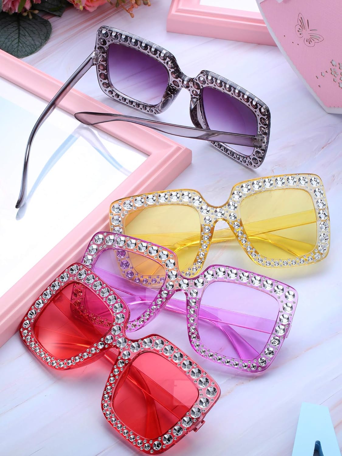 9 Pairs Rhinestone Oversized Square Sunglasses for Women Sparkling Bling Crystal Sunglasses AC Frame Glasses for Women